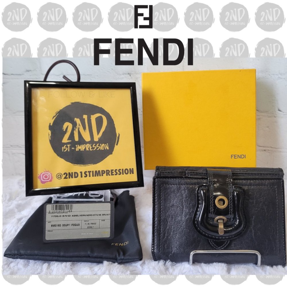 SOLD - AUTHENTIC FENDI Black Leather & Patent Leather Buckle Small Wallet